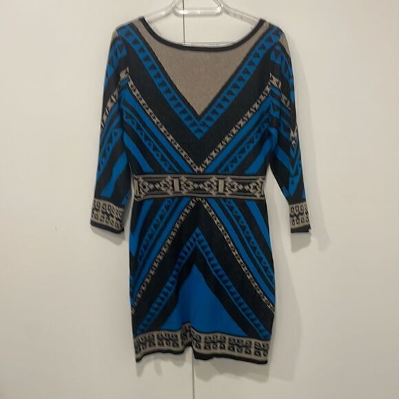 FLYING TOMATO Blue black print knit bodycon holiday party sweater dress S - Picture 4 of 7
